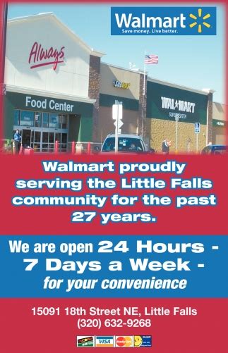 Walmart little falls - Walmart Supercenter 15091 18th St NE Little Falls MN 56345. Phone: 320-632-9268. Store #: 1634. Overnight Parking: Yes. Last Updated: 3/16/2008